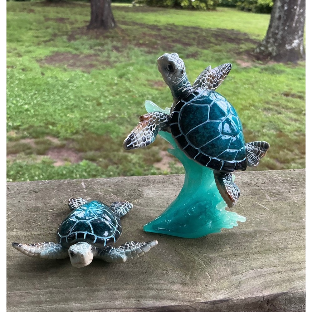 Sea Turtle Figurine Set Teal Turquoise Resin Ocean Wave Decor 2 Piece Coastal - Picture 5 of 10